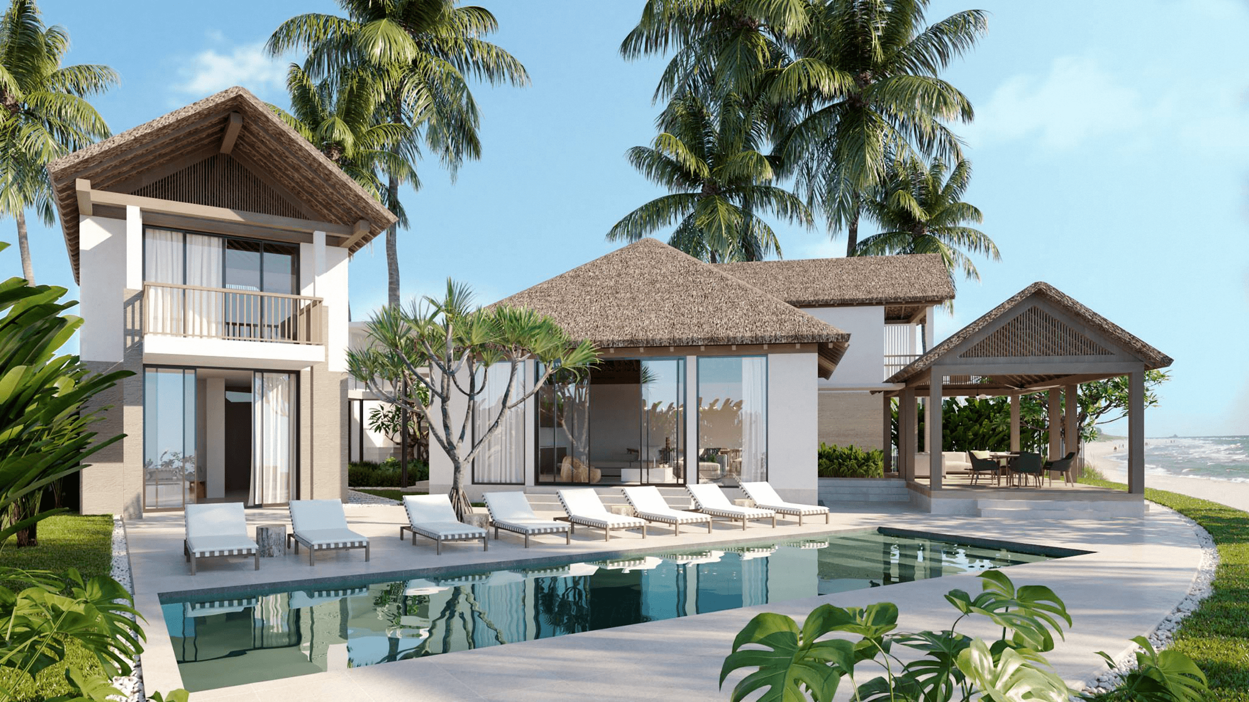A serene example of luxury design tropical retreats featuring modern architecture by the ocean