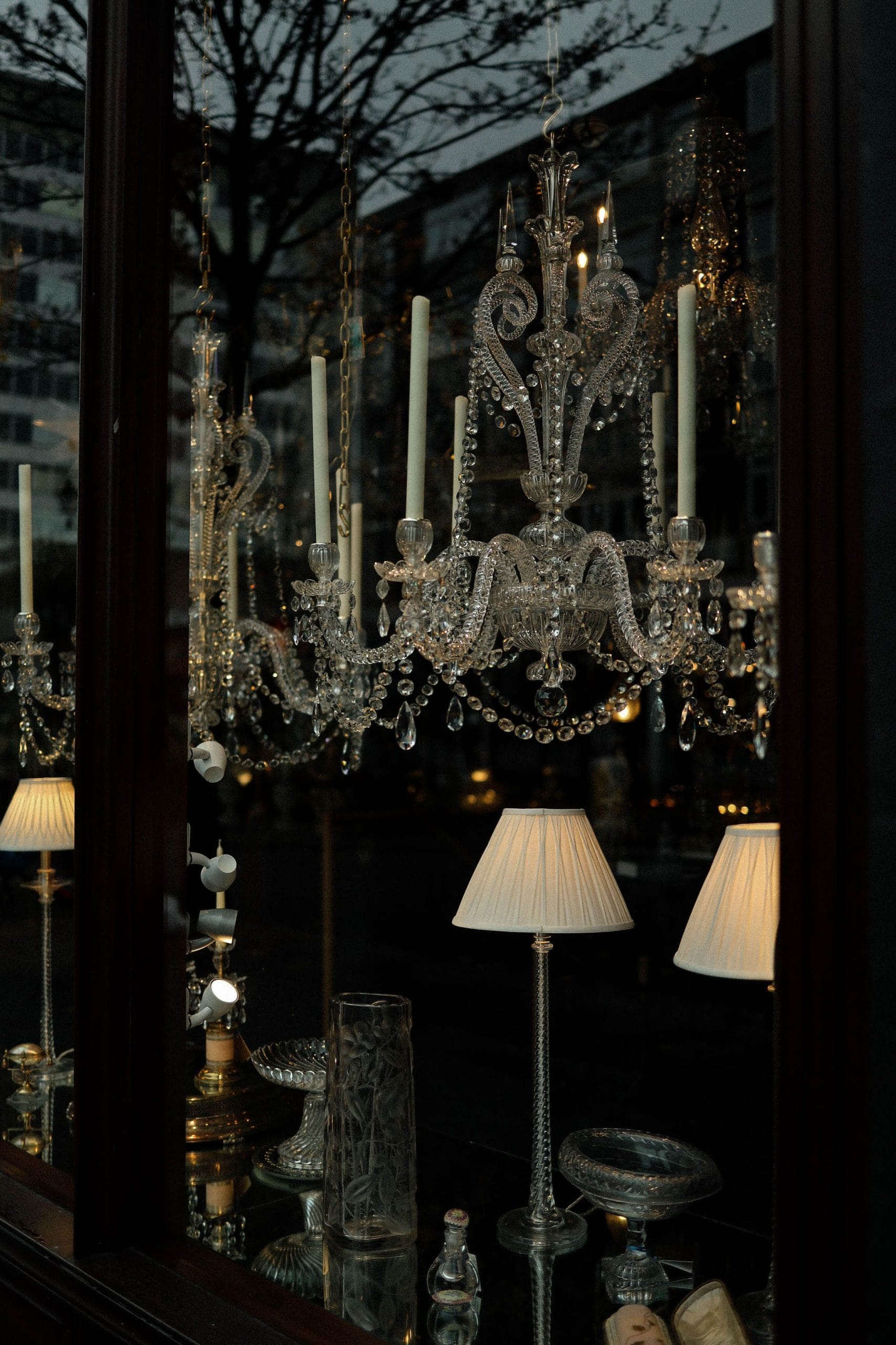 An interior view of high-end antique shopping in a European gallery