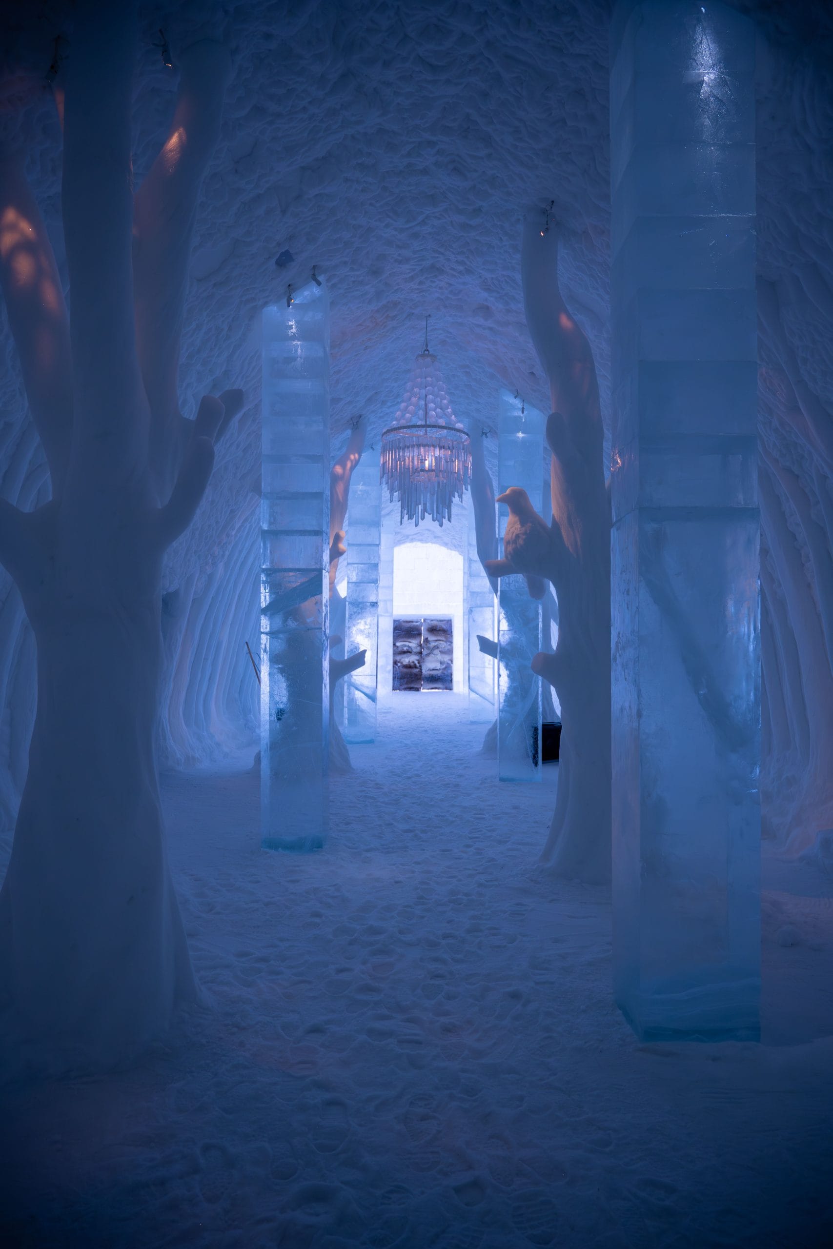A serene view of luxury ice hotels in the Arctic