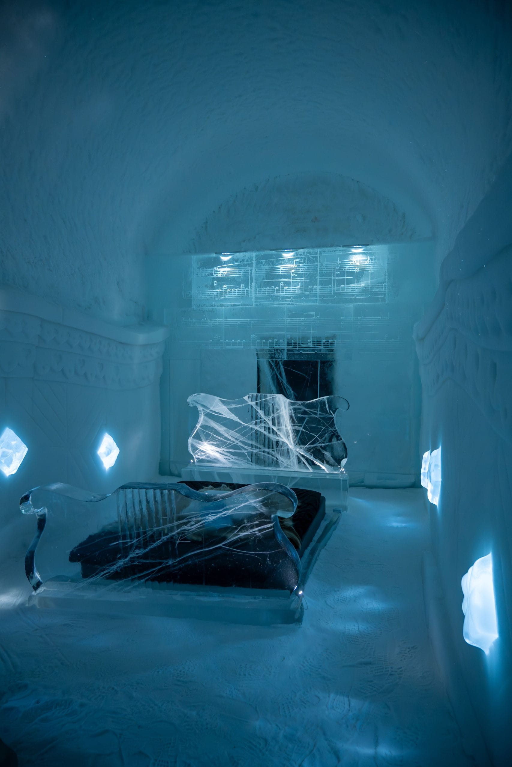 A serene view of luxury ice hotels in the Arctic
