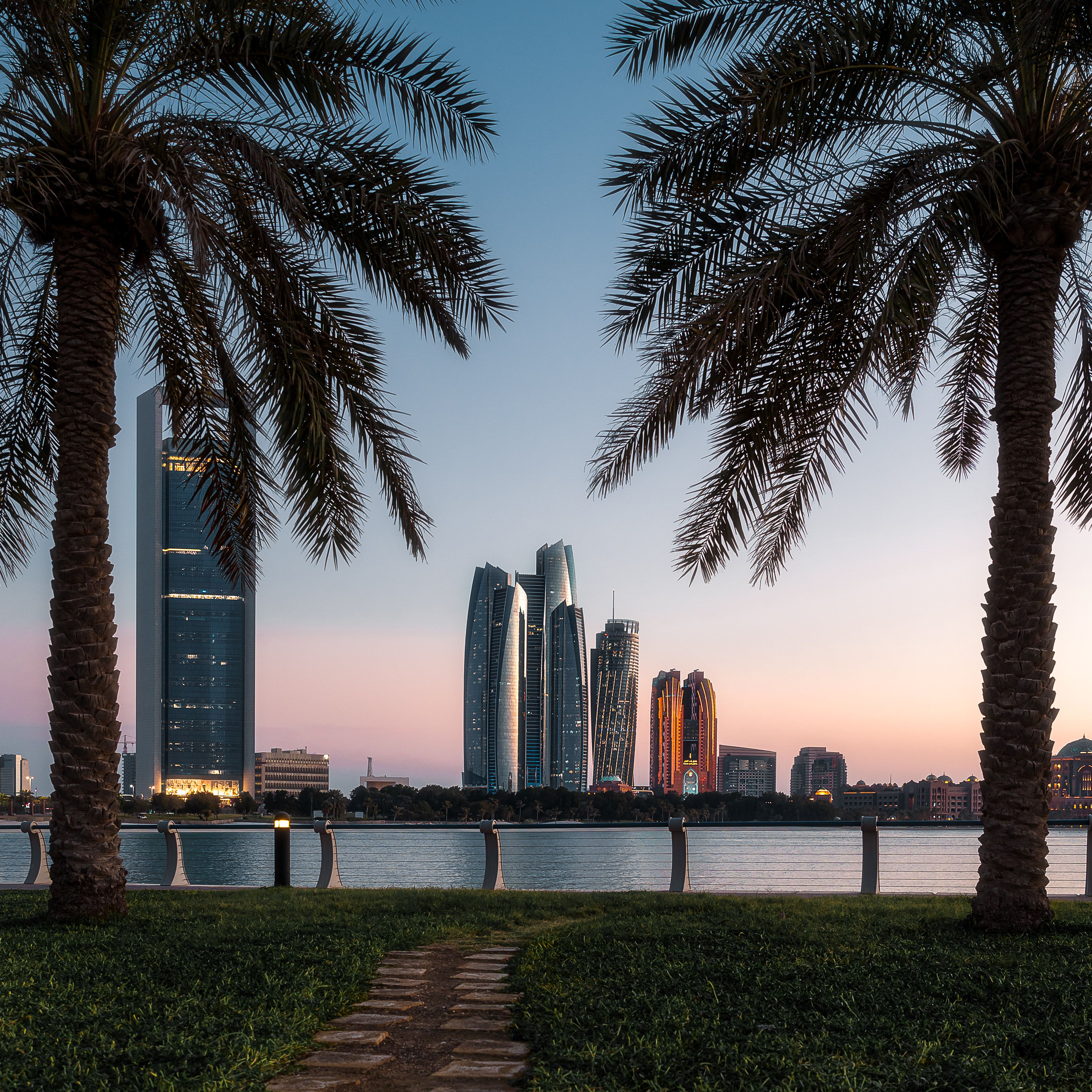 A serene view of luxury resorts in Abu Dhabi overlooking the Gulf
