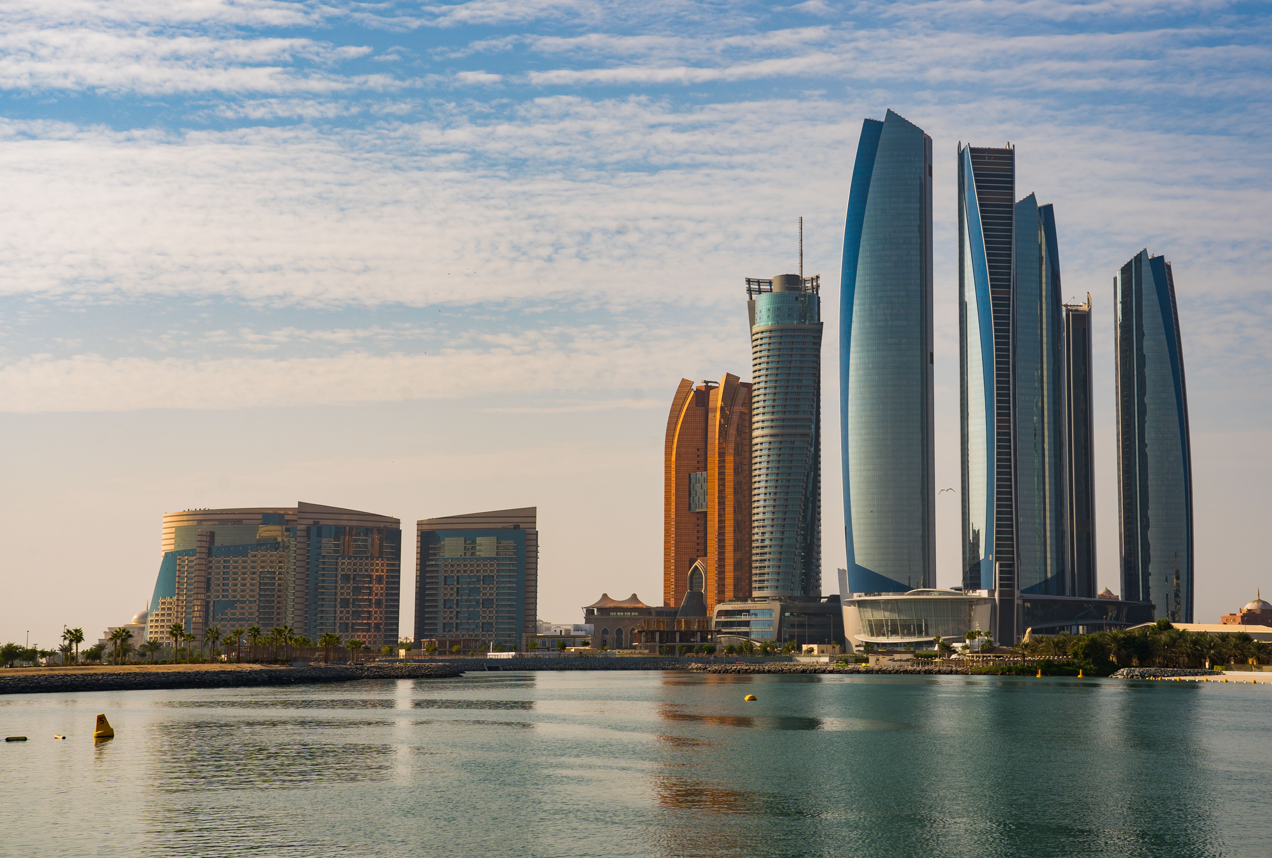 A view of luxury resorts in Abu Dhabi overlooking the turquoise sea