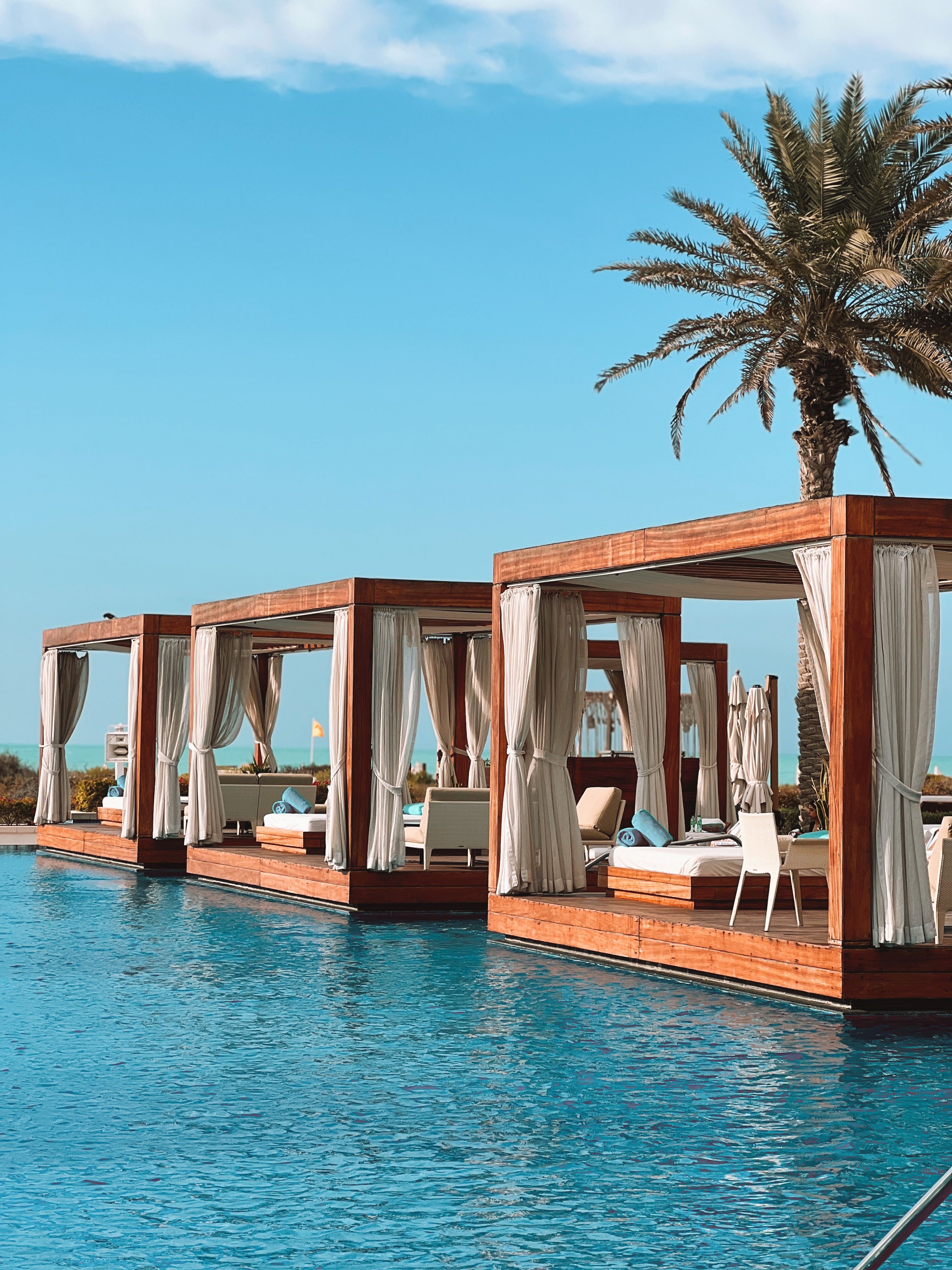A serene view of luxury resorts in Abu Dhabi overlooking the Gulf