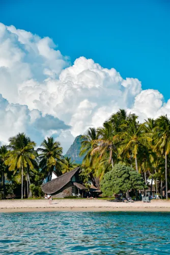 A serene aerial view of a Mauritius luxury coastal escape with turquoise waters