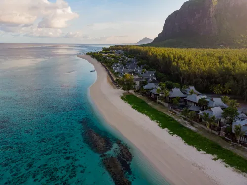 A serene aerial view of a Mauritius luxury coastal escape with turquoise waters